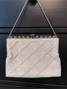 Vintage La Regale Ivory Beaded Evening Bag with Mother of Pearl stones